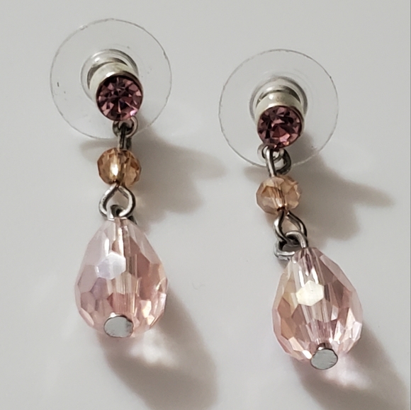 Vintage Jewelry - Vintage glass crystal pink drop earrings CZ stones silver elegant